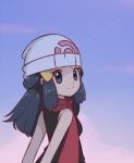  1girl blue_hair chocomiru closed_mouth dawn_(pokemon) happy hat long_hair pokemon pokemon_(game) pokemon_dppt red_scarf scarf shirt sleeveless sleeveless_shirt smile solo upper_body 