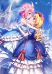  2girls absurdres adapted_costume artist_name baozishark blonde_hair blue_dress blue_sky blurry blurry_background bow bridal_veil closed_mouth dated dress dress_bow elbow_gloves from_side gloves hair_bow highres hug long_hair looking_at_another looking_at_viewer multiple_girls outdoors pink_hair red_bow saigyouji_yuyuko short_hair signature sky touhou veil white_gloves wife_and_wife yakumo_yukari yellow_eyes yuri 