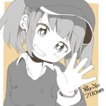  1girl bangs blunt_bangs breasts cabbie_hat cactas7 duo_chromatic grin hand_up happy hat head_tilt highres kawashiro_nitori looking_at_viewer medium_breasts short_hair simple_background smile solo teeth touhou two_side_up upper_body waving wing_collar 