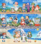  arle_nadja beach blonde_hair blue_eyes blue_hair blue_hairband brown_hair carbuncle_(puyopuyo) choppun commentary_request draco_centauros gloves green_hair hairband harpy_(puyopuyo) holding holding_sword holding_weapon honey_bee_(puyopuyo) horns incubus_(puyopuyo) kikimora_(puyopuyo) kodomo_dragon_(puyopuyo) lagnus_the_brave long_hair madara_(mbl_cod) madou_monogatari minotaur_(puyopuyo) multiple_girls nohoho_(puyopuyo) pink_hair ponytail puyo_(puyopuyo) puyopuyo rulue_(puyopuyo) satan_(puyopuyo) schezo_wegey skeleton_t suketoudara sword weapon witch_(puyopuyo) zoh_daimaoh 