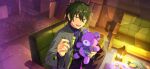  1boy aqua_eyes bangs buttons chain couch ear_piercing ensemble_stars! green_skirt hair_between_eyes happy happy_elements high_collar holding holding_stuffed_toy jacket kagehira_mika lantern light_blush long_sleeves needle official_art on_couch open_clothes open_jacket open_mouth piercing safety_pin sewing sewing_needle short_hair skirt smile solo stuffed_animal stuffed_toy sweater tail teddy_bear teeth third-party_source turtleneck turtleneck_sweater upper_teeth_only yellow_eyes 