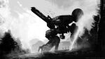  3others ambiguous_gender english_commentary greyscale gun holding holding_gun holding_weapon mack_sztaba mecha metal_gear_(robot) metal_gear_(series) metal_gear_rex metal_gear_solid monochrome mountain multiple_others non-humanoid_robot outdoors robot science_fiction shoulder_cannon walker weapon web_address 