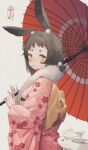  1girl 2023 absurdres animal_ear_fluff animal_ears arl bangs blush brown_hair chinese_zodiac closed_mouth commentary floral_print from_side fur-trimmed_kimono fur_trim hair_ornament highres hikimayu holding holding_umbrella japanese_clothes kimono long_sleeves looking_at_viewer medium_hair new_year obi obijime oil-paper_umbrella original pink_kimono pom_pom_(clothes) pom_pom_hair_ornament print_kimono rabbit rabbit_ears rabbit_girl sash solo umbrella white_background wide_sleeves year_of_the_rabbit yellow_eyes 