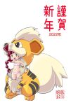  1girl 2022 artist_name bangs bikini braid braided_ponytail brown_hair chloe_(pokemon) commentary_request cosplay costume green_eyes growlithe growlithe_(cosplay) happy_new_year long_hair looking_at_viewer morimi_ashita navel new_year open_mouth pokemon pokemon_(anime) pokemon_journeys side-tie_bikini_bottom signature single_braid smile solo standing strapless strapless_bikini swimsuit translated white_bikini 