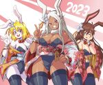  2023 3girls animal_ears ass_visible_through_thighs blonde_hair boku_no_hero_academia bow bowtie breasts carrot_(one_piece) chinese_zodiac cleavage commentary crossover dark-skinned_female dark_skin detached_collar english_commentary fishnet_thighhighs fishnets floral_print flower furry furry_female grey_hair hair_flower hair_ornament hand_on_hip highres japanese_clothes kimono leotard leotard_under_clothes lewdamone long_eyelashes mirko multiple_crossover multiple_girls obi one_eye_closed one_piece open_clothes open_kimono playboy_bunny rabbit_ears rabbit_girl red_bow red_bowtie rwby sash smile standing strapless strapless_leotard thigh_gap thighhighs tongue tongue_out trait_connection v velvet_scarlatina white_fur year_of_the_rabbit 