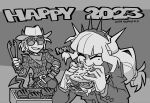  2023 2girls absurdres bangs belt bottle burger closed_eyes cowboy demon_girl demon_horns demon_tail eating fast_food food grey_background greyscale grin helltaker highres holding horns jacket justice_(helltaker) ketchup long_hair long_sleeves lucifer_(helltaker) mole mole_under_eye monochrome mouth_hold multiple_girls pants plaid plaid_shirt shirt smile sunglasses tail teeth tomato vanripper 