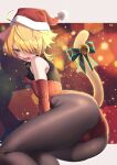  1boy absurdres ahoge angry animal_ears ass bangs bare_shoulders bell black_shirt blonde_hair blush bow bowtie brown_pantyhose bulge cat_boy cat_ears cat_tail christmas collar elbow_gloves fang from_side fur-trimmed_headwear gloves hair_over_one_eye hat highleg highleg_leotard highres legs_together lens_flare leotard light_particles looking_at_viewer male_focus omiyacha open_mouth original otoko_no_ko outside_border pantyhose parted_bangs red_gloves red_headwear red_leotard santa_hat shiny shiny_clothes shirt short_hair sleeveless sleeveless_shirt solo strapless strapless_leotard sweatdrop tail tail_bell tail_bow tail_ornament tail_raised tearing_up 