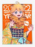  1girl 2022 animal_ears animal_print artist_name background_text bangs blonde_hair blue_eyes chinese_zodiac claw_pose commentary ellie_(kisaragi_yuu) english_text fake_animal_ears fake_tail fur_collar happy_new_year highres japanese_clothes kimono kisaragi_yuu_(fallen_sky) long_sleeves looking_at_viewer new_year obi open_mouth orange_background original outside_border print_kimono romaji_text sash short_hair signature smile solo standing tail tiger_ears tiger_print tiger_tail wide_sleeves year_of_the_tiger 