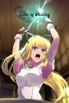  1girl apron blonde_hair blue_eyes breasts dress echo_(circa) gloves hair_ribbon ladle lilith_aileron long_hair looking_at_viewer open_mouth ponytail ribbon solo tales_of_(series) tales_of_destiny 