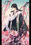  1boy absurdres black_hair black_kimono bleach blue_eyes branch cherry_blossoms closed_mouth highres jacket japanese_clothes jou_(jo_jjo) kimono kuchiki_byakuya long_hair looking_to_the_side male_focus scarf solo white_jacket white_scarf 