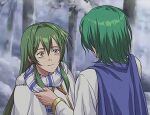  1boy 1girl bangs blue_cape cape commentary commission erinys_(fire_emblem) fire_emblem fire_emblem:_genealogy_of_the_holy_war from_behind green_eyes green_hair hair_between_eyes hair_intakes kshatriya_666 lewyn_(fire_emblem) outdoors scarf second-party_source shirt short_hair smile snow striped striped_scarf upper_body white_cape white_shirt 