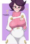  1girl arm_behind_back artist_name big_hair border breasts capelet coat ghostlogic glasses green_eyes hand_on_own_chest highres large_breasts long_sleeves pink-framed_eyewear pink_background pink_lips pink_sweater pokemon pokemon_(game) pokemon_sm purple_hair ribbed_sweater skirt sweater turtleneck turtleneck_sweater twitter_username white_border white_capelet white_coat white_skirt wicke_(pokemon) 