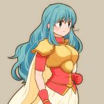  1girl 245_15277297 aqua_hair armor artist_name breastplate cape clenched_hand earrings eirika_(fire_emblem) fire_emblem fire_emblem:_the_sacred_stones gloves grey_background highres jewelry long_hair long_sleeves red_gloves red_shirt serious shirt simple_background skirt solo upper_body white_cape white_skirt 