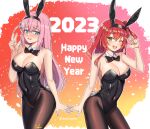  2023 2girls ;d absurdres animal_ears bare_arms bare_shoulders black_bow black_bowtie black_hairband black_leotard blue_eyes blush bocchi_the_rock! bow bowtie breasts bright_pupils brown_pantyhose chinese_zodiac cleavage collarbone contrapposto covered_navel cowboy_shot cube_hair_ornament detached_collar embarrassed fake_animal_ears fake_tail gotou_hitori gradient gradient_background green_eyes hair_ornament hairband happy_new_year highres kita_ikuyo large_breasts leotard long_hair looking_at_viewer multiple_girls one_eye_closed one_side_up open_mouth pantyhose pink_hair playboy_bunny rabbit_ears rabbit_tail red_hair signature smile strapless strapless_leotard tail teeth traditional_bowtie twitter_username twomoon upper_teeth_only v very_long_hair year_of_the_rabbit 