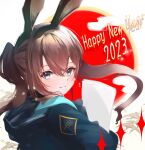  1girl 2023 amiya_(arknights) animal_ears arknights black_coat blue_eyes blush brown_hair chinese_zodiac closed_mouth clothes_writing coat from_side happy_new_year highres hood hood_down hooded_coat long_hair looking_at_viewer looking_to_the_side ponytail rabbit_ears roki@ sidelocks smile solo sparkle upper_body year_of_the_rabbit 
