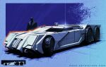  1boy batman batman_(series) batmobile blue_background blue_theme car dc_comics english_commentary ground_vehicle highres leaning_forward mack_sztaba monochrome motor_vehicle multiple_views redesign superhero vehicle_focus web_address 