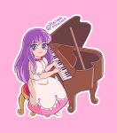  1girl absurdres artist_name bangs bead_necklace beads blue_eyes chibi closed_mouth dot_nose dress english_commentary eyelashes full_body grand_piano highres instrument jewelry kido_saori long_dress long_hair looking_at_viewer music necklace on_stool piano pink_background pink_dress pink_lips playing_instrument playing_piano postaza_mostaza puffy_short_sleeves puffy_sleeves purple_hair saint_seiya short_sleeves simple_background sitting smile solo stool twitter_username two-tone_dress white_dress white_footwear 