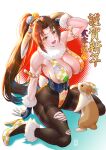 1girl animal animal_ears arm_up armpits bangs bare_shoulders breasts brown_eyes brown_hair chinese_zodiac commentary_request fatal_fury fingerless_gloves full_body fur-trimmed_gloves fur_trim ge_xi gloves hair_ornament high_heels highres large_breasts long_hair looking_at_viewer muscular muscular_female open_mouth pantyhose parted_bangs ponytail rabbit rabbit_ears rabbit_tail revealing_clothes shiranui_mai sitting skindentation tail the_king_of_fighters torn_clothes torn_pantyhose wariza year_of_the_rabbit 