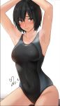 1girl amagami armpits arms_up black_hair breasts brown_eyes closed_mouth competition_swimsuit expressionless highres nanasaki_ai one-piece_swimsuit short_hair signature solo steaming_body sweat swimsuit thighs white_background yoo_tenchi 