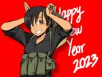  1girl 2023 ammunition_pouch asian bangs black_hair black_shirt brown_eyes brown_headwear chest_rig chin_strap collarbone commentary dark-skinned_female dark_skin english_commentary english_text hair_between_eyes hands_up happy_new_year hat mrxinom open_mouth original pouch red_background rice_hat shirt short_hair simple_background sleeves_rolled_up smile solo teeth upper_body viet_cong vietnam_war 