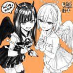  2girls :d ahoge angel angel_and_devil angel_wings armpit_crease bangs bare_arms bare_shoulders black_hair blunt_bangs bob_cut collarbone cowboy_shot criss-cross_halter demon_girl demon_horns dress earrings english_text fake_halo fake_horns feathered_wings fingernails frilled_dress frills from_side greyscale_with_colored_background hair_behind_ear hair_between_eyes hairband halloween halloween_costume halo halter_dress halterneck hands_up hatching_(texture) highres holding_trident horn_band_legwear horns idol_x_idol_story! jewelry layered_dress leaning_forward linear_hatching long_hair looking_at_viewer looking_to_the_side multiple_girls nagisa_mimi nail_polish nanakusa_ibuki narrowed_eyes o-ring_dress official_art open_mouth orange_background own_hands_clasped own_hands_together parted_lips polearm sharp_fingernails sharp_teeth shiny shiny_hair short_dress short_hair side-by-side simple_background sleeveless sleeveless_dress smile speech_bubble straight_hair stud_earrings swept_bangs teeth thick_eyelashes thighhighs tokunou_shoutarou trident upper_teeth_only v-shaped_eyebrows weapon wings wrist_cuffs zettai_ryouiki 