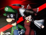  1boy 1girl ascot bangs black_hair blue_eyes blue_overalls bow brown_hair crossover facial_hair giantcavemushroom gloves green_headwear green_shirt hair_bow hakurei_reimu hat highres holding holding_knife holding_torch knife long_sleeves luigi luigi&#039;s_mansion mario_(series) medium_hair mustache open_mouth overalls red_bow red_eyes red_skirt red_vest ribbon-trimmed_sleeves ribbon_trim shaded_face shirt short_hair sidelocks skirt sweatdrop teeth torch touhou vest white_gloves white_shirt yellow_ascot 