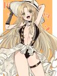  1girl :d an_fyhx animal_ears arknights armpits arms_up ass_visible_through_thighs bangs black_gloves black_one-piece_swimsuit blonde_hair blush breasts breasts_apart casual_one-piece_swimsuit center_opening clothes_around_waist commentary_request contrapposto cowboy_shot ears_through_headwear elbow_gloves fangs gloves green_eyes hands_on_headwear hat highres jewelry long_hair looking_at_viewer medium_breasts necklace official_alternate_costume one-piece_swimsuit open_mouth orange_background parted_bangs simple_background single_glove skindentation smile solo sun_hat swimsuit swire_(arknights) thigh_strap tiger_ears v-shaped_eyebrows very_long_hair wardrobe_malfunction white_headwear 