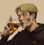  1boy artist_name black_hoodie blonde_hair blood blood_on_face brown_background chainsaw_man cigarette closed_eyes cup derivative_work drinking_glass ear_piercing facial_hair gem1ny highres holding holding_cigarette hood hoodie injury kishibe_(chainsaw_man) mads_mikkelsen male_focus photo-referenced piercing short_hair simple_background solo stitched_face stitched_mouth stitches stubble wine_glass 