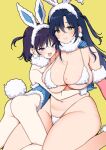  2girls animal_ears areola_slip arm_support armpit_crease artist_name ass bare_shoulders black_hair blue_eyes blue_gloves blue_leotard blue_socks blush breasts chinese_zodiac close-up closed_mouth collarbone elbow_gloves fake_animal_ears fake_tail fang full_body fur-trimmed_gloves fur-trimmed_legwear fur-trimmed_leotard fur_bikini fur_earring fur_trim gloves green_eyes high_heels highres hug huge_breasts large_breasts legs leotard long_hair looking_at_viewer mojarin_(kihara_mojarin) multiple_girls navel one_side_up open_mouth original pink_gloves pink_socks pom_pom_(clothes) rabbit_ears rabbit_tail short_hair signature simple_background small_breasts smile socks stomach tail thong year_of_the_rabbit yellow_background 