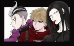  3boys animal_on_shoulder bangs black_border black_hair black_jacket black_shirt border closed_mouth danganronpa_(series) danganronpa_2:_goodbye_despair danganronpa_3_(anime) grey_eyes grey_hair hair_up hamster izayoi_sounosuke jacket long_hair long_tongue madarai_isshiki male_focus multiple_boys outside_border pink_scarf print_shirt profile red_eyes red_jacket scarf shimada_(dmisx) shiny shiny_hair shirt tanaka_gandamu tongue tongue_out undercut upper_body white_background 