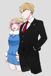  1boy 1girl :d alternate_costume andou_ruruka bangs black_jacket black_pants blonde_hair blue_shirt blue_skirt blush breasts buttons collared_shirt couple cropped_legs danganronpa_(series) danganronpa_3_(anime) dress_shirt fur_collar grey_background hand_in_pocket happy hat hetero holding_hands izayoi_sounosuke jacket large_breasts looking_at_another necktie outline pants pink_hair red_eyes red_necktie shimada_(dmisx) shirt short_hair simple_background skirt smile teeth upper_teeth_only white_outline white_shirt 