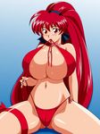  1girl akira_(viper) bikini blush breasts cameltoe huge_breasts kikumi_kazuki kikumikazuki long_hair mouth_hold ponytail red_eyes red_hair side-tie_bikini smile solo sweat swimsuit viper viper_f40 viper_gts 