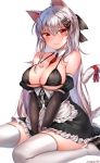  1girl animal_ears apron between_breasts between_legs bikini_top black_bikini_top blush breasts cat_ears cat_tail cleavage closed_mouth detached_collar detached_sleeves eyebrows_visible_through_hair frill_trim girls_frontline hair_between_eyes hair_ornament hair_ribbon hairclip hand_between_legs highres iws-2000_(girls_frontline) kemonomimi_mode large_breasts looking_at_viewer necktie necktie_between_breasts painteen red_eyes ribbon sidelocks silver_hair simple_background sitting skirt solo tail tail_ribbon thighhighs underbust waist_apron wariza white_background white_legwear 