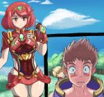  1girl 2boys absurdres between_breasts blue_sky breasts cloud commentary covered_navel day english_text heart highres homura_(xenoblade_2) invitation madartraven meme multiple_boys nervous nintendo outdoors red_eyes red_hair rex_(xenoblade_2) short_hair shorts shulk skindentation sky smile sweat text_focus wide-eyed xenoblade_(series) xenoblade_2 