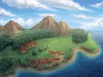  castle chrono_(series) chrono_trigger houses landscape mountain ocean 