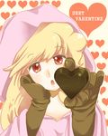  1girl 2003204 blonde_hair chocolate engrish female final_fantasy final_fantasy_tactics gloves heart hood long_hair ranguage red_eyes robe solo valentine white_mage white_mage_(fft) 