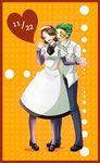  1girl apron brown_hair code_geass couple dress_shirt eyes_closed female green_hair hand_holding haru_sakurazaki headdress holding_hands jeremiah_gottwald maid maid_apron maid_headdress maid_uniform male open_mouth pants shinozaki_sayoko shirt short_hair white_shirt 