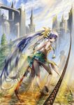  1girl absurdly_long_hair blue_hair city elf flower long_hair looking_back panties pointy_ears purple_hair summer7 underwear very_long_hair weapon whip 