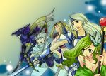  2girls 3boys armor blonde_hair blue_eyes cain_highwind cecil_harvey edward_geraldine female final_fantasy final_fantasy_iv green_eyes green_hair hair_ornament headband helmet long_hair male multiple_boys multiple_girls nagisanma open_mouth polearm ponytail rosa_farrell rydia short_hair silver_hair spear staff sword tiara weapon 