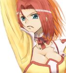  1girl arms_up big_breasts breasts choker cleavage code_geass dress female green_eyes kallen_stadtfeld kisaragi_n large_breasts long_hair lowres red_hair solo spicywolf0215 white_background 