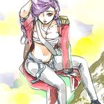  1girl adjusting_hair androgynous bandage bandaged_chest bandages breast_bind coat faris_scherwiz female final_fantasy final_fantasy_v green_eyes hair_over_one_eye long_hair lowres open_clothes open_coat pants perrault purple_hair reverse_trap sarashi sitting solo tomboy 