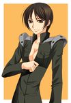  1girl asano_akira breasts brown_hair chiba_nagisa cleavage code_geass female flat_chest military military_uniform short_hair small_breasts solo uniform 