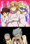  bare_shoulders blonde_hair blush brown_hair crossdress crossdressing domon_asuka dylan_keith embarrassed facepalm gloves goggles highres ichinose_kazuya inazuma_eleven inazuma_eleven_(series) male male_focus mark_kluger mark_kruger nishigaki_mamoru oddnoise short_hair tears trap 