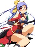  alternate_costume bare_shoulders blazblue blue_hair blush bra breasts chinese_clothes cleavage cleavage_cutout cosplay dizzy glasses guilty_gear hair_ribbon highres lao_jiu large_breasts lingerie litchi_faye_ling litchi_faye_ling_(cosplay) long_hair mirano red_eyes ribbon solo underwear weapon wings 