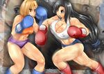  2girls abs alop-net bare_shoulders black_eyes black_hair blonde_hair blue_mary boots boxing_gloves breasts cleavage crossover fatal_fury female final_fantasy final_fantasy_vii highres huge_breasts king_of_fighters long_hair midriff multiple_girls muscle muscular orange_eyes short_hair snk sweat tank_top tanktop tifa_lockhart very_long_hair 