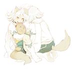  2boys animal_ears chewing footwear fubuki_atsuya fubuki_shirou gold_eyes inazuma_eleven inazuma_eleven_(series) male male_focus multiple_boys plushie scarf siblings socks someoka_ryuugo stuffed_animal stuffed_toy tail tail_hole twins white yellow_eyes 