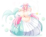  animal_ears antennae bad_hands bad_id bad_pixiv_id bikini_top blush breasts cat_ears eighth_note gigantic_breasts green_eyes highres long_hair mermaid monster_girl musical_note navel open_mouth pink_hair solo very_long_hair yace 