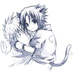  2boys black_eyes black_hair cat hatake_kakashi kitty kubyou_azami lowres male_focus monochrome multiple_boys naruto neko tail uchiha_sasuke white_background yaoi 