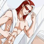  alba_meira dutch_angle lowres male_focus nude red_hair solo sunglasses the_king_of_fighters towel 