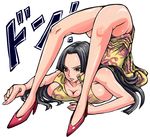  black_eyes black_hair boa_hancock breasts chest_stand cleavage contortion dress earrings flexible high_heels jewelry large_breasts one_piece shoes solo teruki 